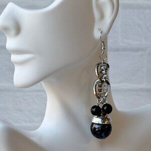 Vintage Chico’s Y2K Silver Chain Drop Earrings With Black Beaded Accents